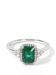 Love GEM 9ct White Gold 7x5 Emerald Cut Created Emerald and 0.20ct Natural Diamond Halo Ring, Silver, Size O, Women