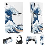 PlayVital Autocollant pour ps5 Slim Console Digital Edition Sticker Skin pour ps5 Slim,Autocollants Accessoires pour ps5 Manette pour ps5 Télécommande&Casque&Station de Charge-Grande Vague Kanagawa