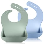 Vicloon Bavoir pour Bébé en Silicone Lot de 2 Imperméable Ultra Fins et Léger Bavoirs pour les repas en Silicone pour Bébés et Tout-petits| Ajustable, Facile à Nettoyer Bleu&Vert