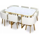 Meubler Design - Ensemble Table à Manger + 6 Chaises Encastrable Popup Xl - Marbre Blanc, Bois mdf, Polyuréthane, Rectangulaire, Style Contemporain,