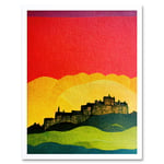 Modern Edinburgh Castle Vibrant Rainbow Colour Sunset Scottish Cityscape Coral Yellow Green Blue Art Print Framed Poster Wall Decor 12x16 inch