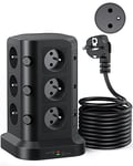 [5M Câble] KOOSLA 12 Prises 2P+T de Type-E (France) Tour Multiprise parafoudre et surtension(4000W/16A), Multiprise Electrique avec 6 Ports USB et 12 Prises, 5M Câble, Noir