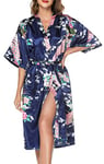 Lovasy Peignoir Satin Femme Robes de Chambre et Kimonos de Mariée Robes de Chambre Soie Court Kimono Col V avec Ceinture, Bleu foncé,M