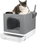 ALL FOR PAWS Foldable Cat Litter Tray Cats Litter Box with Front Entry & Top Exit XXL Extra Large Space Toilet Boxes with Trays, Lid and Pet Litter Shovel (Grey, 50 x 39 x 41 CM) (Grey)