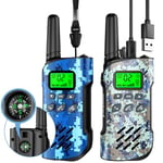 Inspireyes Walkie Talkies for Kids Rechargeable, 48 Hours Working Time 2 Way Radio Long Range, Outdoor Camping Games Toy Birthday Xmas Gift for Boys Girls Age 5 6 8-12, Built-in Compass, 2 Pack Camo