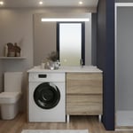 Meuble lave-linge idea, plan vasque déportée + Miroir Elégance h105- Bois- Vasque à droite