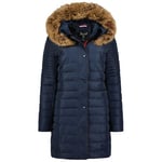 Geographical Norway Charlize Lady Parka Longue Epaisse Chaude Femme Automne Hiver - Manteau Fin Capuche Fausse Fourure - Blouson Coupe Vent - Doudoune Elegante Femmes (Marine M)