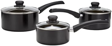 Judge Radiant JEMA1B Teflon Non-Stick Saucepan Set, 16cm, 18cm & 20cm Pans, Glass Lids with Vent, Induction Ready, Oven Safe