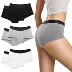 Boxer Femme Coton Culottes Shorty Femme Caleçon Femme - Culotte Femme en Coton Boxer de Sport Shorts - Hipster sous-vêtement Feminins Stretch Slips Femme Fitness Lot de 6 Noir Blanc Gris 2XL