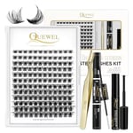 Individual-Lashes 144 Cluster-Lashes QUEWEL DIY Eyelash-Extensions-Kit, Clusters Eyelash Applicator, Cluster Lashes Bond and Seal Super Hold, Clusters Lash Glue Remover Easy to Remove(QU-RR-DH-01)