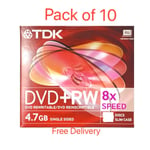 10x TDK Blank DVD+RW discs 8x Speed 4.7GB 120 mins Rewritable Slim Jewel Case