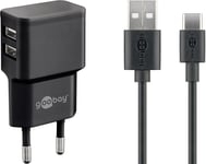 Goobay Dual USB Type-Câ„¢ charger set 2.4 A  black  1 m - power unit with 2 USB ports and USB Type-Câ„¢ cable