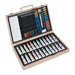 relaxdays Coffret Peinture, Set Dessin avec Couleurs, Crayons, pinceaux, gommes, Valise en Bois, pour Adulte, Nature