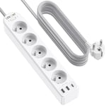 LENCENT Bloc Multiprise Electrique Améliorée avec 5 Prises, 2 USB et 1 Type C avec Interrupteur, Tressé Câble 2M, Multiprise USB Rallonge pour Maison, Bureau et Cuisine, Blanche