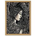 Artery8 Woman with Crow in a Field Black and White Linocut Artwork Framed Wall Art Print A4