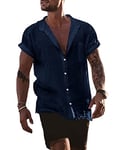 YAOBAOLE Chemise en Coton Et Lin Manches Courtes Boutons Chemise Chemise Ete Homme Leger en Lin Casual Plage Chemise Marine XXL