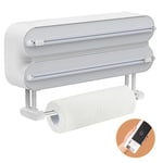 Cling Film Dispenser and Cutter Magnetic - Upgrade 3 in 1 Wall Mounted Kitchen Tin Foil Dispenser and Cutter,Kitchen Roll Holder Wall Mounte with Slide Cutter, Refillable Cling Wrap Tin Foil Wax Paper