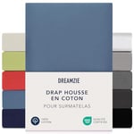 Dreamzie Drap Housse Surmatelas 140x200 cm - 160x200 cm, Jersey 100% Coton, Hauteur De Surmatelas Jusqu'à 15 cm, Hypoallergénique, Oeko-Tex, Bleu