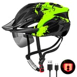 RaMokey Bike Helmet for Men and Women, Lightweight Cycle Helmet with LED Light Magnetic Goggle Sun Visor, Mountain & Road Bicycle Helmets for Adult Cycling Adjustable Size 57-62cm (Green+Black)