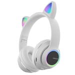 Casque Bluetooth Oreille de Chat Mignon Casque de Musique HiFi Pliable Prend en Charge la Carte TF FM avec Micro,Blanc