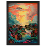 Atmospheric Clouds Over Mono Fishing Village Cabins at Dawn Modern Watercolour Painting Artwork Framed Wall Art Print A4