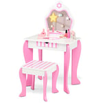 DREAMADE Coiffeuse 2 en 1 Enfants avec Miroir&Tabouret 3 à 7 Ans,Table de Maquillage Princesse en Bois avec Plateau Amovible&Bureau,Blanc+Rose