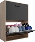 CASABEL Meuble de Rangement à Chaussure 12 Paires - Grande Capacité pour Entrée - L60xP24xH80 cm - Portes Noires Cadre Bois Clair