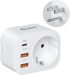 Adaptateur Prise Usa 20W, 4-En-1 Pd & Qc 3.0 Adaptateur De Voyage Charge Rapide Avec 2 Usb Et 1 Usb-C, Europe Fr 2 Broches Vers Us 3 Broches Pour Etats-Unis, Canada, Mexique, Ce Type B