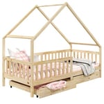 Lit cabane ALVA lit enfant simple asymétrique en bois 90 x 200 cm montessori, avec rangement 2 tiroirs, en pin massif naturel