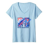 Womens MTV Music Television Tie Dye Stars Big Chest Logo V-Neck T-Shirt