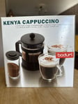 BODUM Kenya CAPPUCCINO SET - French Press Coffee Cafetière 2 Glass Mugs & Shaker