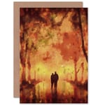 Painting Landscape Couple Walking Avenue Trees Watery Blank Greeting Card