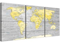 Large Yellow Grey Map of World Atlas Canvas Wall Art Print - Multi 3 Part - 3305