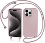 Coque Pour Iphone 15 Pro Max Avec Cordon, Collier Étui Silicone Liquide Avec Tour De Cou Lanière En Corde Souple Tpu Antichoc Housse - Rose