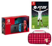 Nintendo Switch Neon Red & Blue, EA Sports FC 25 & Pikachu Plaid Case Bundle, Red,Blue