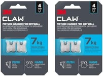 3M Claw Plasterboard Picture Hanging Wall Hooks for Hanging Home Décor, 4 Hangers, Holds up to 7 kg - Ideal for Heavyweight Items (Pack of 2)