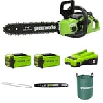 Greenworks 40V 35cm Tronçonneuse à Batterie avec Moteur Sans Balais, 2 Batteries 40V 2Ah, Chargeur + Greenworks 35cm Chaîne + Greenworks 35cm Barre de chaîne +Sac à déchets de jardin Greenworks 120 L