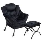 HollyHOME Fauteuil avec Repose Pied Fauteuil Relax, Fauteuil Salon Velours Chaise D'appoint Fauteuil de Lecture Fauteuil Scandinave Fauteuil Chambre en Acier, Noir