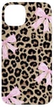 iPhone 15 Plus Light Pink Ribbon Bow Coquette On Cheetah Leopard Print Case