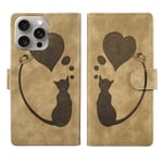 For iPhone 15 Pro Max Pen Heart Cat Embossed Leather Phone Case(Apricot)