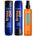 Matrix Brass Off Anti-Brass Blue Shampoo and Conditioner For Lightened Brunettes and Anti-Frizz Mega Sleek Iron Smoother Bundle