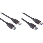 PremiumCord Rallonge USB 3.0, Câble de Données SuperSpeed Jusqu'à 5 Gbit/S, Câble de Charge, USB 3.0 Type A Femelle vers Mâle, 9 Broches, 3 Blindages, Couleur Noir, Longueur (Lot de 2)