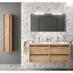 Meuble de salle de bain suspendu 120 cm en bois couleur chêne claire avec lavabo en porcelaine 120 cm - Avec double miroir et lampe LED