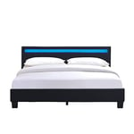 angel - Solide et Confortable Lit 160x200 avec Sommier + Tête de Lit avec Eclairage LED Couleur NOIR + Pieds en 10 cm pour matelas en - 13 Lattes - revetement PVC Simili facile d'entretien - Mont