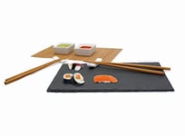 NERTHUS FIH 092 Set de Sushi Complet, Planche d'ardoise, 2 Jeux de Baguettes, 2 Supports, Tapis et 2 Verres en céramique