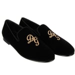 DOLCE & GABBANA Velvet Loafer Shoes AMALFI with DG Logo Black Gold 42 US 9 UK 8