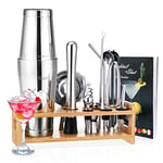 Set de Shaker à Cocktail pour Barman, Godmorn 16Pcs Boston Shaker Bar Tool Set, 304 Stainless Steel Martini Shaker with Bamboo Stand and Recipe Book, Drink Mixer Set for Home and Bar, Barware Set.