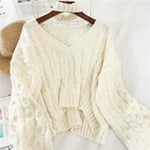 EIJFKNC Winter Twisted Pullover Sweaters Female Knit Pullover Long Sleeve V Neck Crop Sweater Tops Korean Solid Pull Femme,White,L