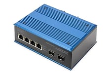 DIGITUS Industrial 6 Port Gigabit Ethernet Switch - 4 Ports RJ45-2 Ports SFP - Classe de Protection IP40-10/100/1000 Mbps - Montage sur Rail - Noir/Bleu