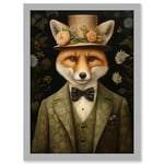 Fox in Floral Victorian Suit and Top Hat Surrealism Artwork Green Orange Woodland Gentleman Artwork Framed A3 Wall Art Print